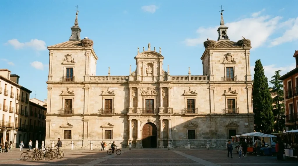 Fachada de la Universidad de Alcalá de Henares con nidos de cigüeñas