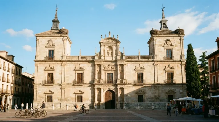 Fachada de la Universidad de Alcalá de Henares con nidos de cigüeñas