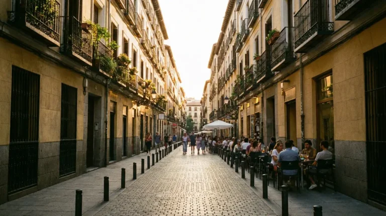 Calle Huertas con versos en el empedrado, en el Barrio de las Letras