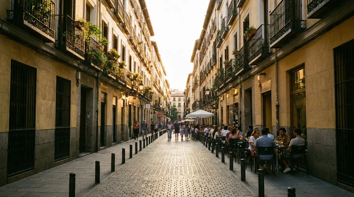 Calle Huertas con versos en el empedrado, en el Barrio de las Letras