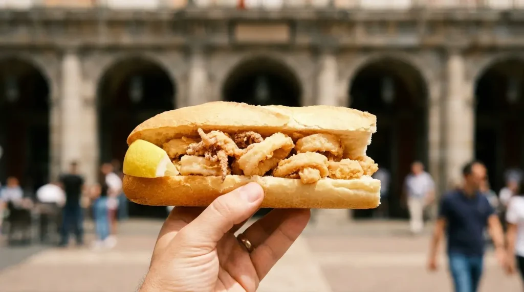 Bocadillo de calamares frente a los soportales de la Plaza Mayor
