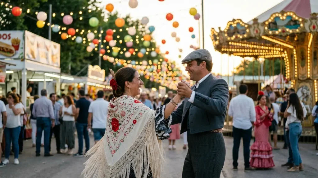 Pareja de chulapos bailando el chotis en una verbena de Madrid