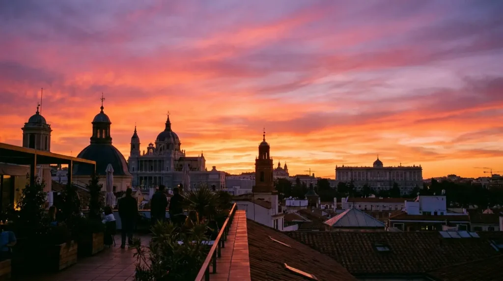 Atardecer sobre los tejados que explica el dicho De Madrid al cielo