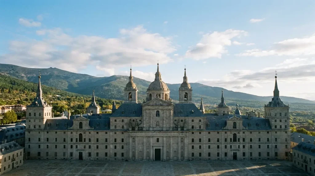 Monasterio de El Escorial con la sierra de Guadarrama al fondo