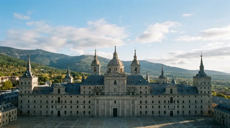 Monasterio de El Escorial con la sierra de Guadarrama al fondo