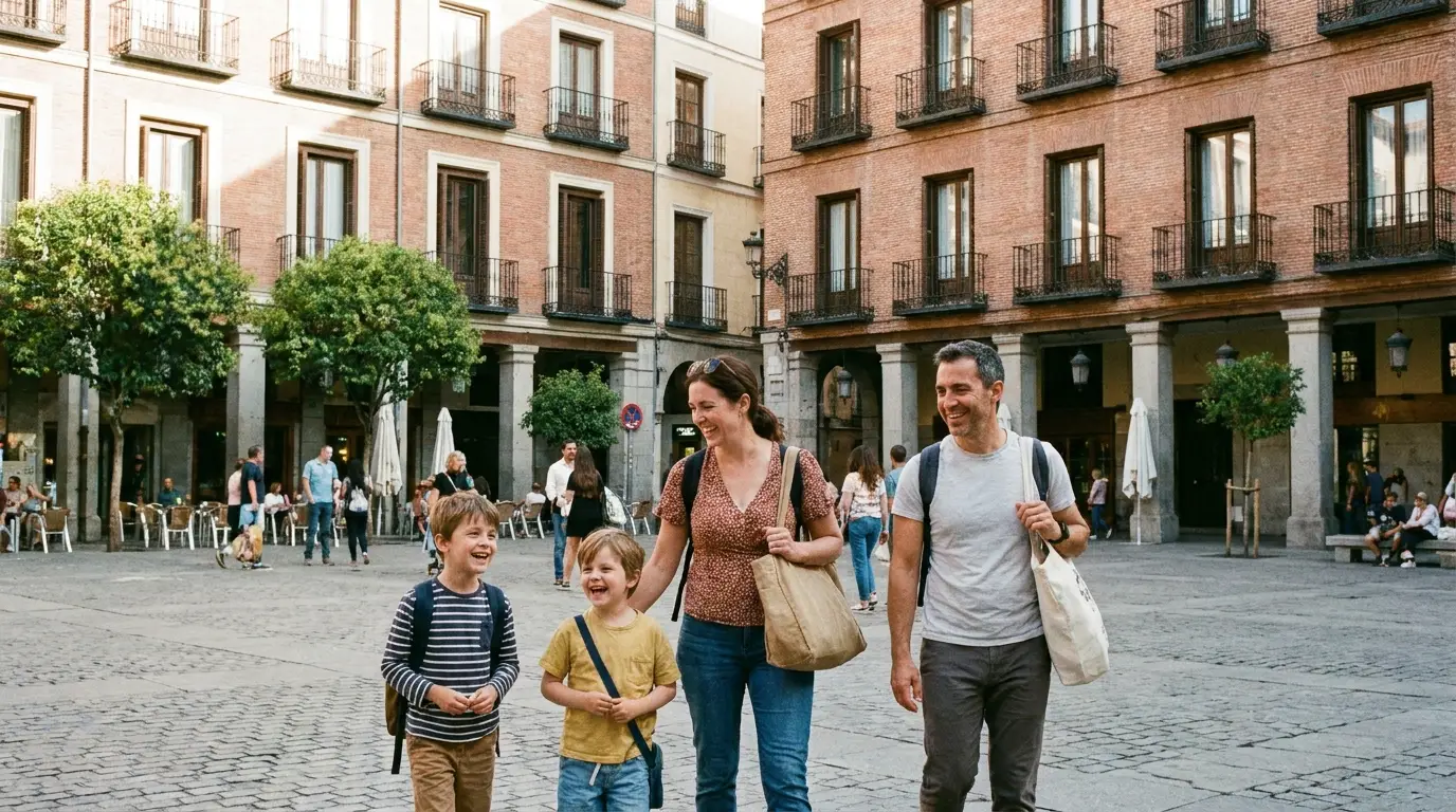 Familia recorriendo el centro en una ruta por Madrid con niños