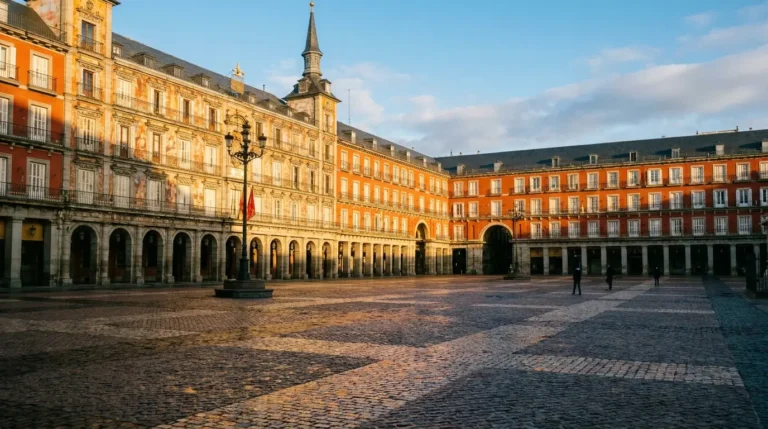 Plaza Mayor al amanecer en una ruta a pie por el Madrid de los Austrias