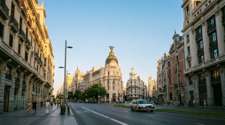 Gran Vía al amanecer en una ruta para ver Madrid en un día