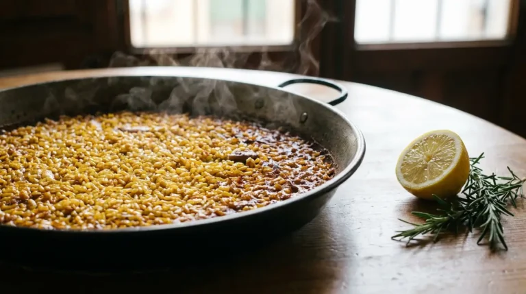 Paella recién servida en una arrocería donde comer paella en Madrid