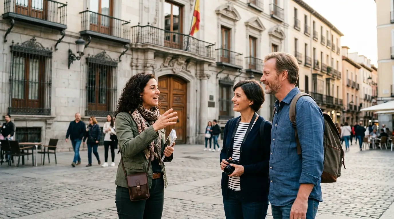Guía con dos viajeros durante un tour privado en Madrid