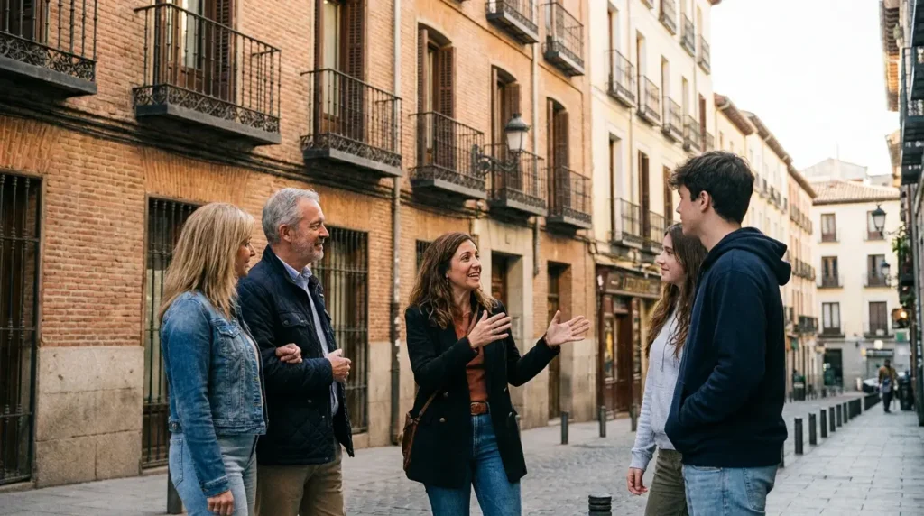 Guía explicando a un grupo reducido durante un tour privado por Madrid