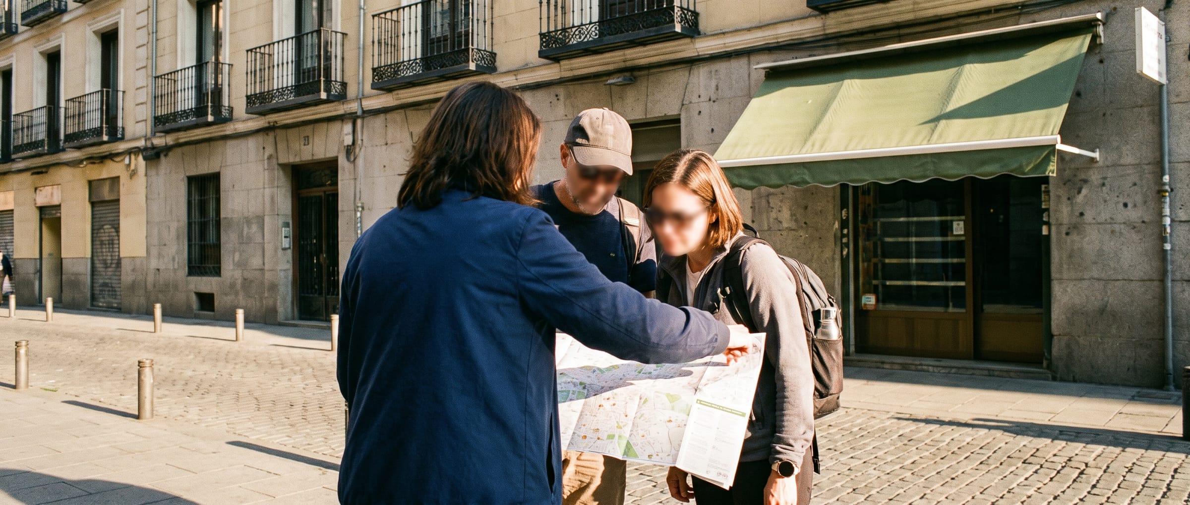Guia de 4U Madrid ayudando a dos viajeros con un plano en una calle del centro