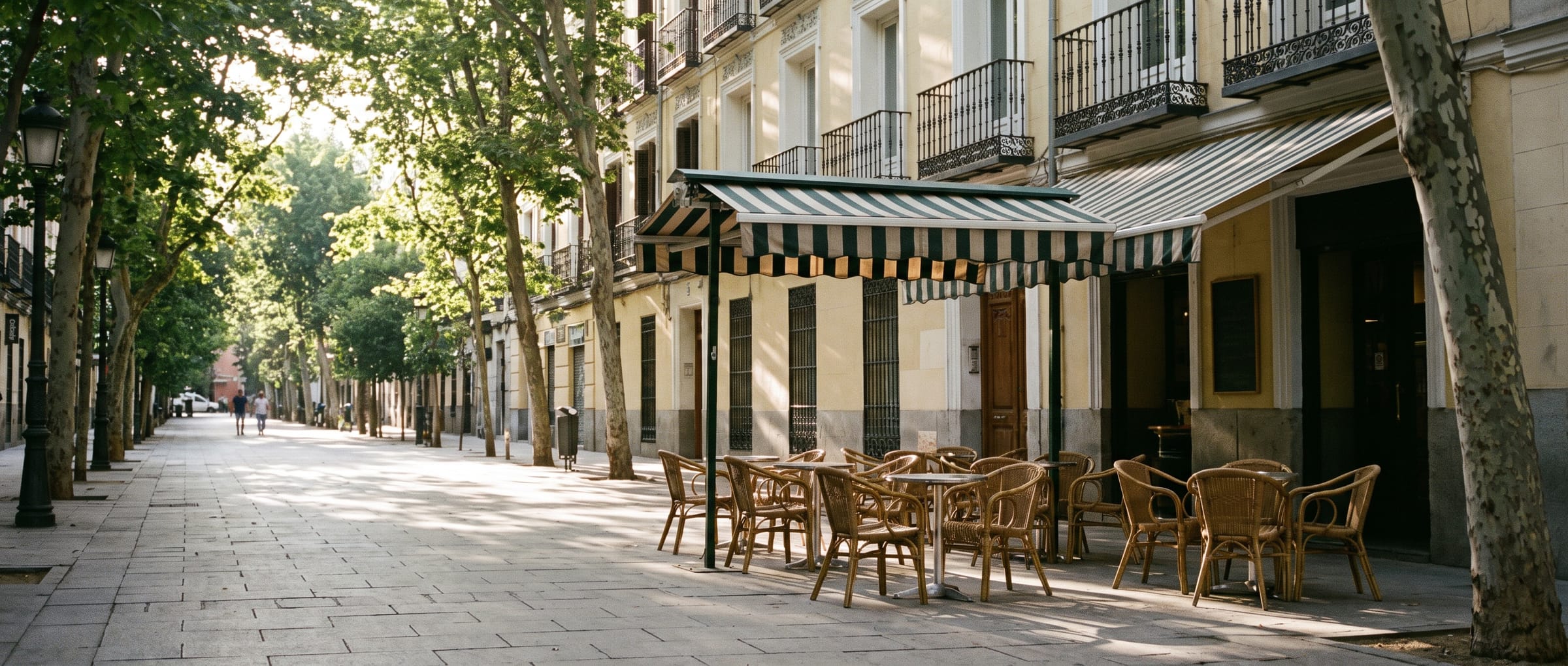 Terraza de cafe bajo los arboles en una calle de Madrid
