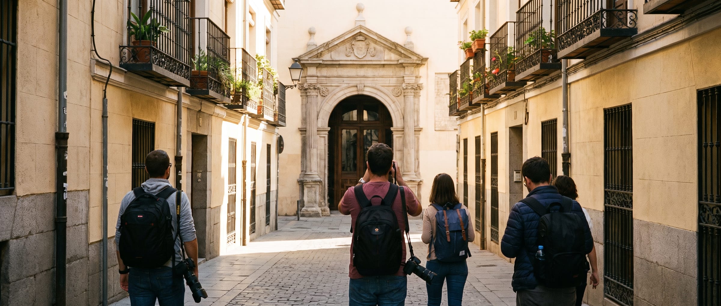 Guia y grupo mirando la fachada de un edificio historico de Madrid