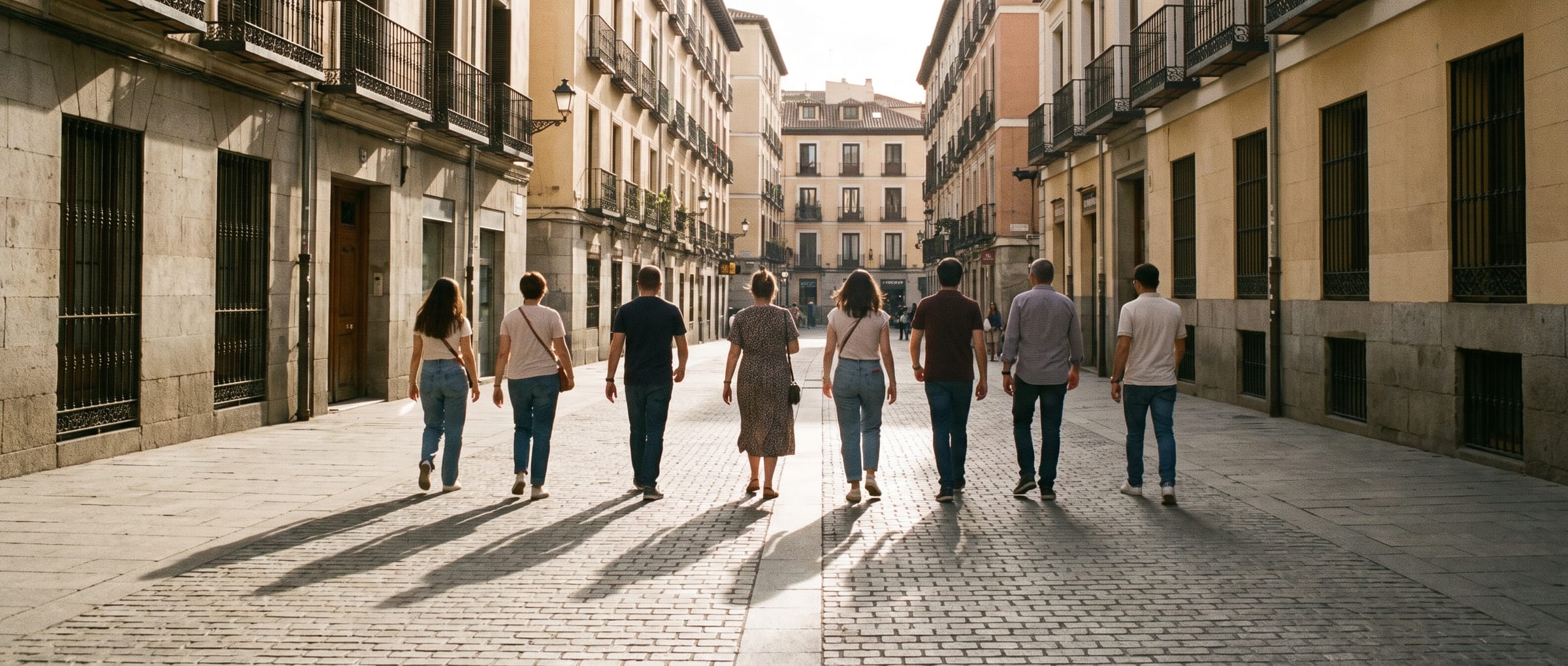 Grupo de viajeros caminando por una calle del centro de Madrid