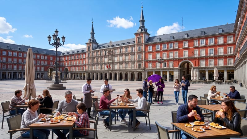 Terrazas llenas de gente en la Plaza Mayor de Madrid